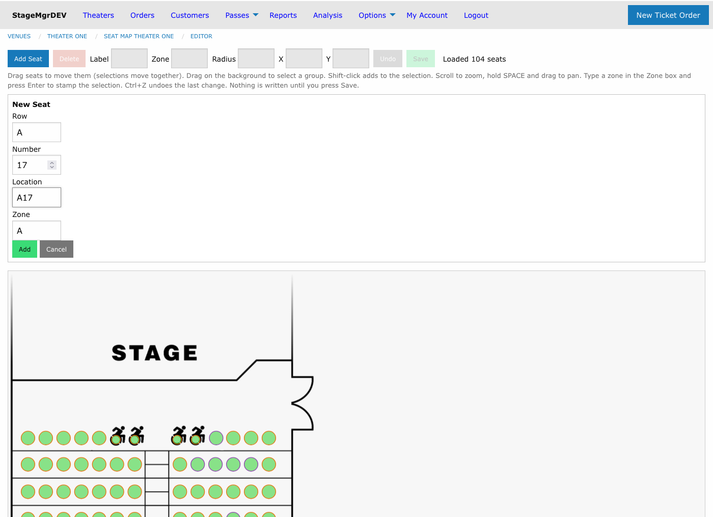 The New Seat form pre-filled with row A, number 17, location A17, and zone A