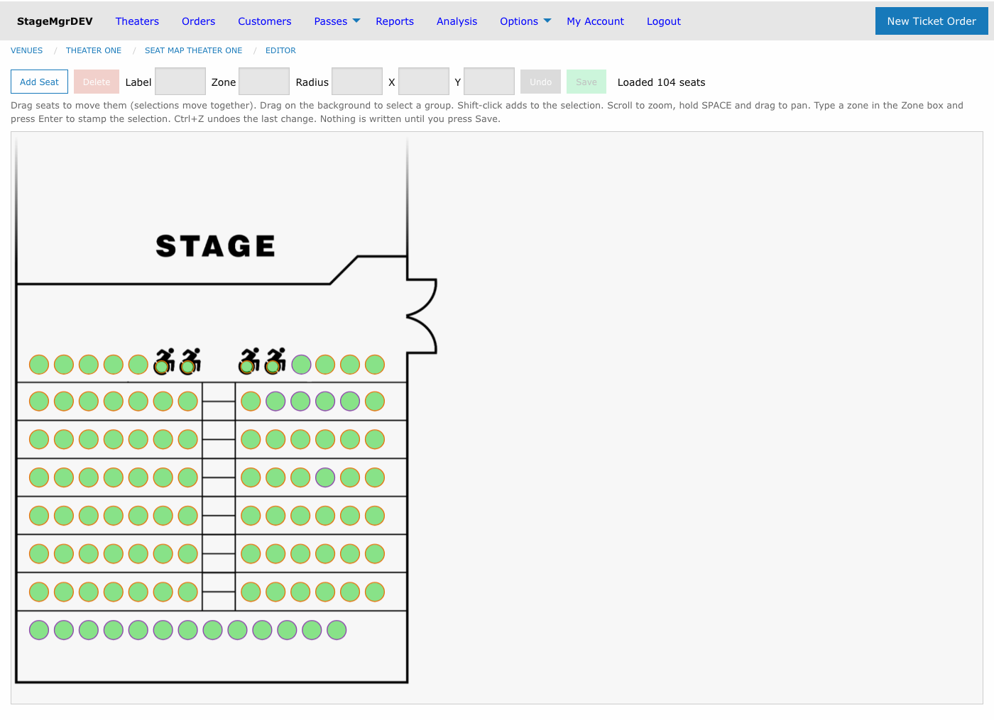 The seat map editor showing the toolbar, hints, and the seat map canvas