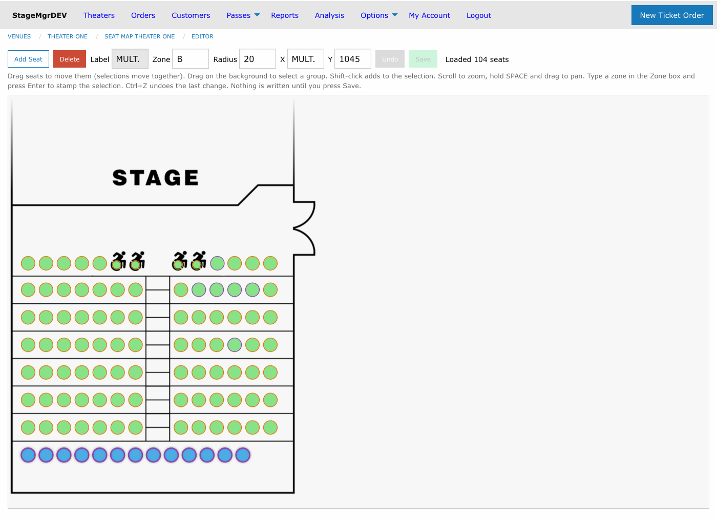 A full row selected with the marquee; the toolbar shows Zone B and Y 1045 shared by the selection, with Label and X reading "mult."