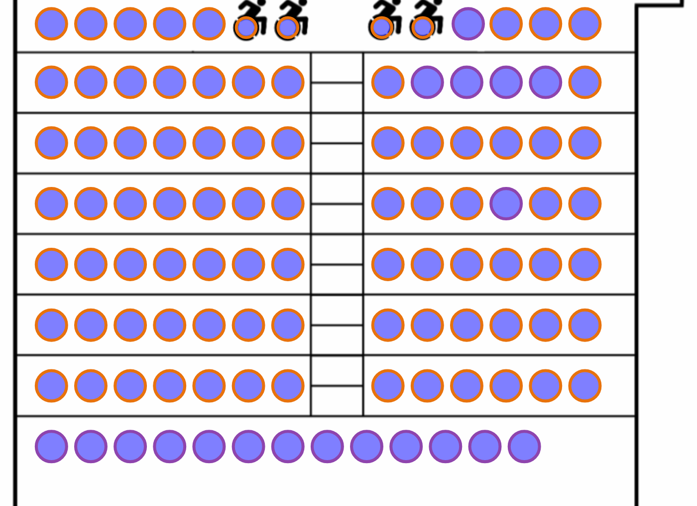 The seat map preview with orange borders on zone A seats and purple borders on the zone B row