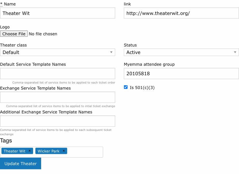The theater edit form with name, link, logo, class, status, service fee, and tags fields