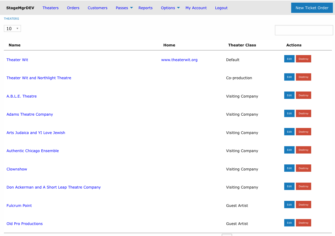 The Theaters list showing theater names, website links, and theater classes