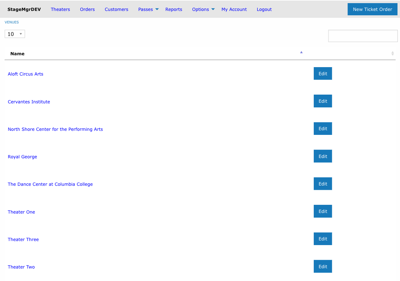 The venues list showing all available performance spaces