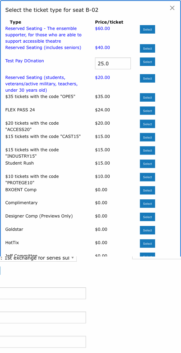 Ticket class popup showing a donation class with an editable price input