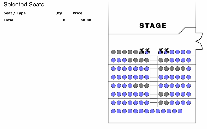 Empty Selected Seats panel next to the venue seat map
