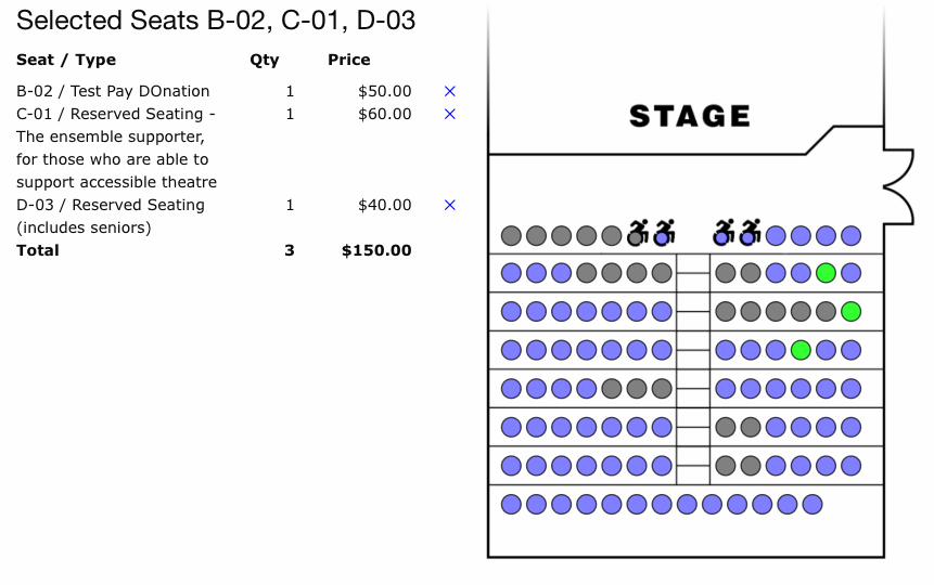 Selected Seats panel showing three seats with different ticket classes and prices, and the seat map highlighting them