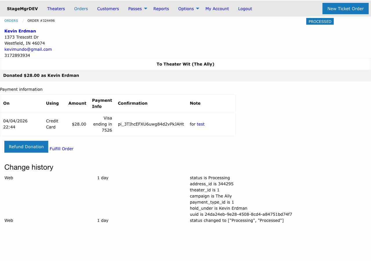 Donation order detail showing donor info, theater, amount, payment details, and Refund Donation button