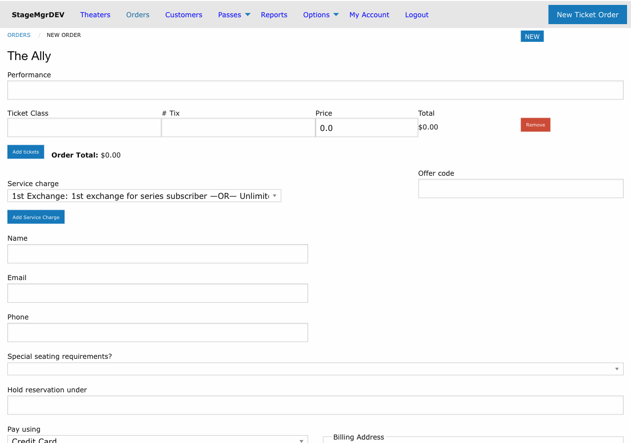 New ticket order form showing performance selection, ticket class fields, customer name, and offer code