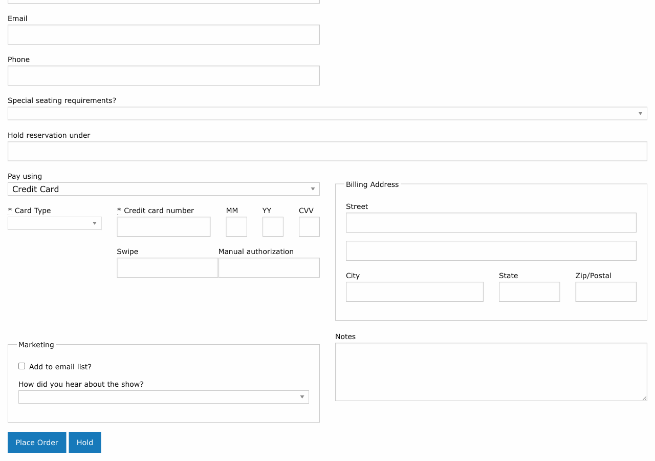 Payment section of the order form showing Pay Using dropdown, credit card fields, and billing address