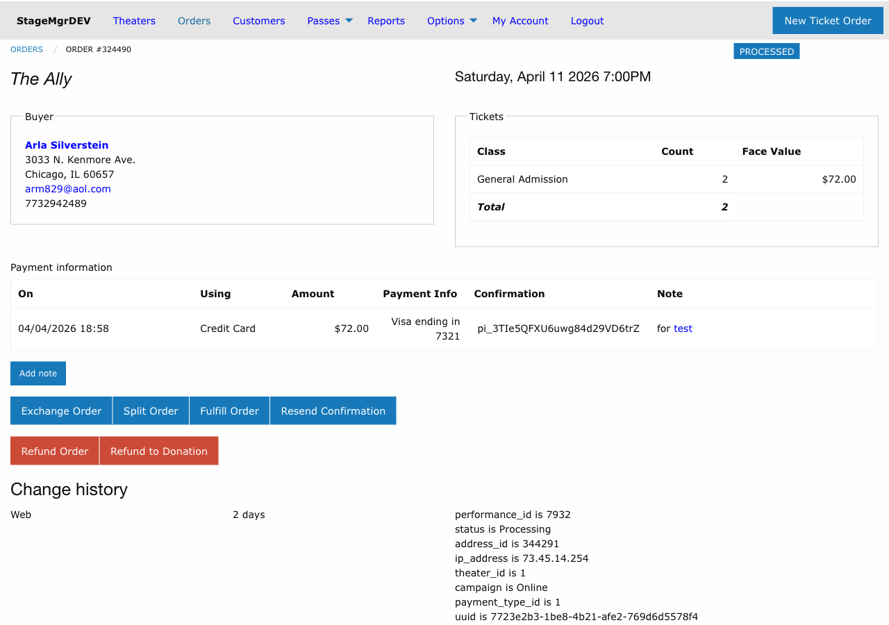 Order detail page with Exchange Order, Split Order, Fulfill, and Refund action buttons
