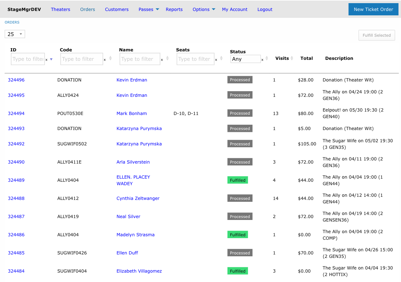 Orders list with filterable columns for ID, code, name, seats, status, visits, total, and description